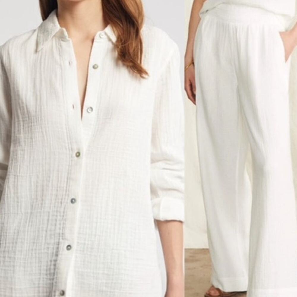 Faherty 2 Piece Dream Cotton Gauze Wide Leg Button Down Long Sleeve Top M/L